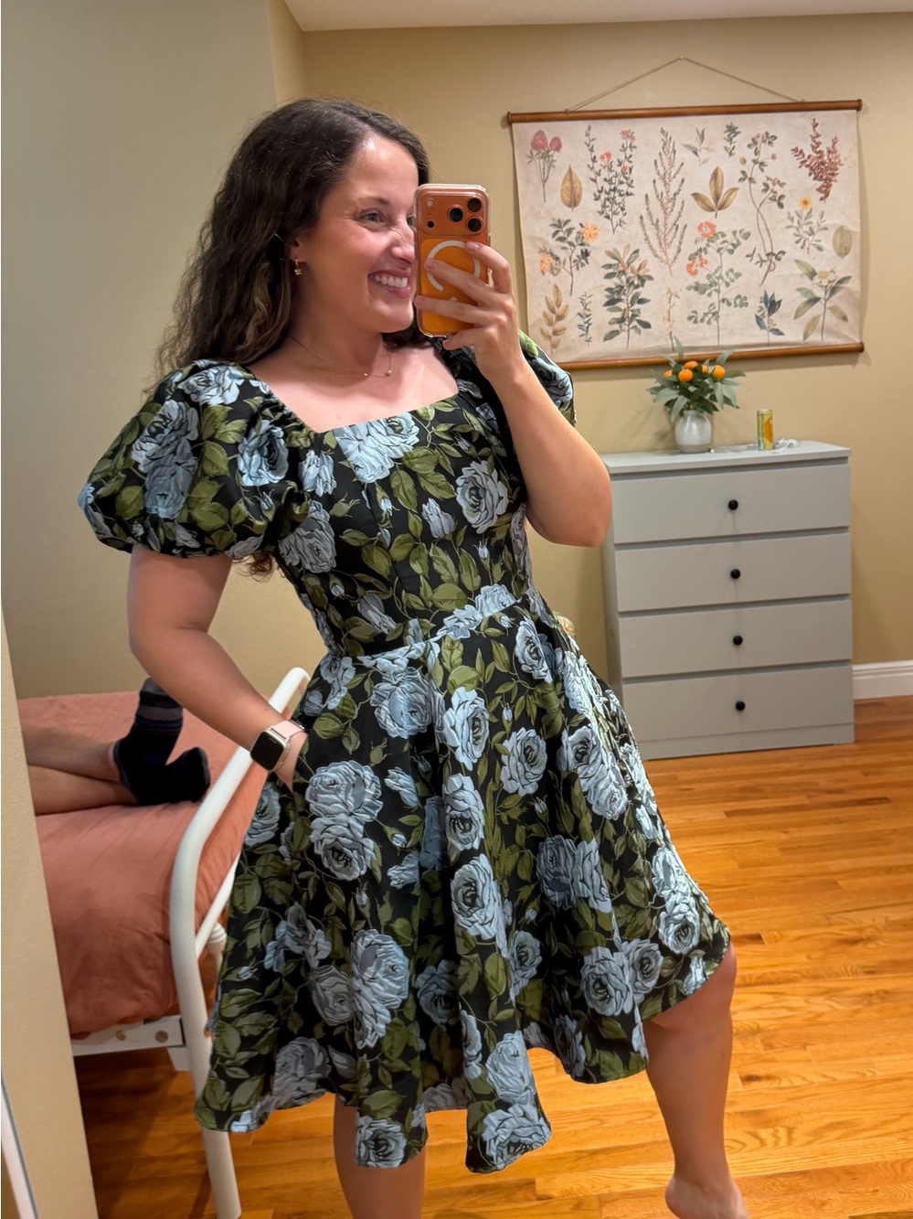 Ivy City Co Ivanna Puff-Sleeve Dress in Black and Olive with Light Blue Roses M